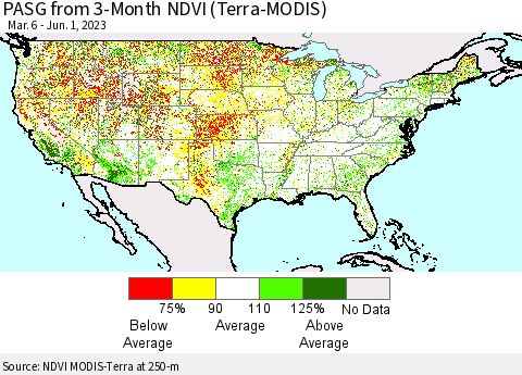 United States PASG from 3-Month NDVI (Terra-MODIS) Thematic Map For 5/25/2023 - 6/1/2023
