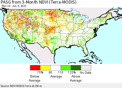 United States PASG from 3-Month NDVI (Terra-MODIS) Thematic Map For 6/2/2023 - 6/9/2023