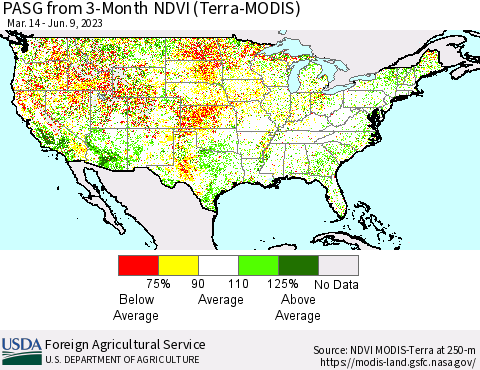 United States PASG from 3-Month NDVI (Terra-MODIS) Thematic Map For 6/1/2023 - 6/10/2023