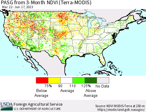 United States PASG from 3-Month NDVI (Terra-MODIS) Thematic Map For 6/11/2023 - 6/20/2023