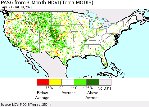 United States PASG from 3-Month NDVI (Terra-MODIS) Thematic Map For 7/12/2023 - 7/19/2023