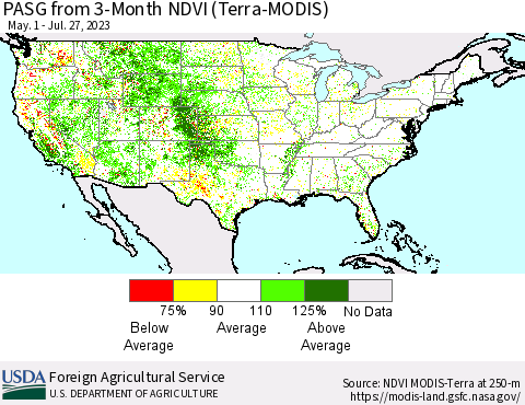 United States PASG from 3-Month NDVI (Terra-MODIS) Thematic Map For 7/21/2023 - 7/31/2023