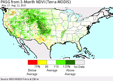 United States PASG from 3-Month NDVI (Terra-MODIS) Thematic Map For 8/5/2023 - 8/12/2023