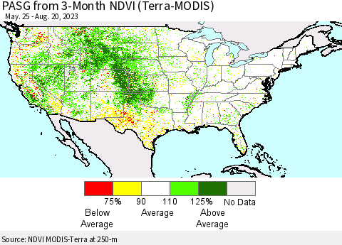 United States PASG from 3-Month NDVI (Terra-MODIS) Thematic Map For 8/11/2023 - 8/20/2023