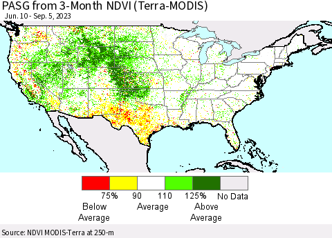 United States PASG from 3-Month NDVI (Terra-MODIS) Thematic Map For 8/29/2023 - 9/5/2023
