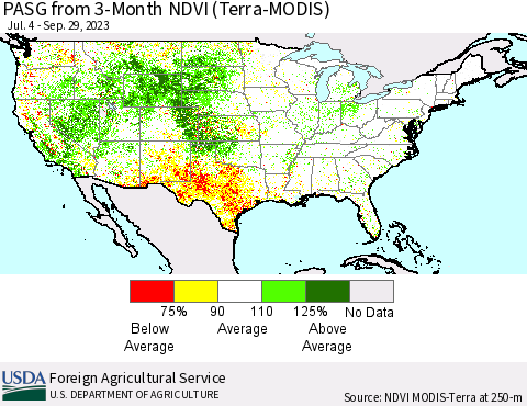 United States PASG from 3-Month NDVI (Terra-MODIS) Thematic Map For 9/21/2023 - 9/30/2023