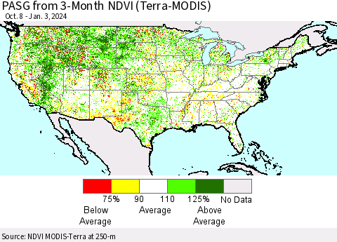 United States PASG from 3-Month NDVI (Terra-MODIS) Thematic Map For 12/27/2023 - 1/3/2024