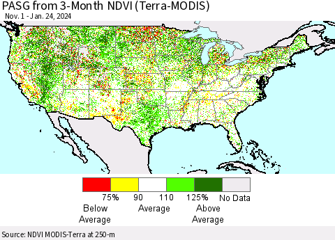 United States PASG from 3-Month NDVI (Terra-MODIS) Thematic Map For 1/17/2024 - 1/24/2024