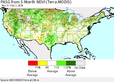 United States PASG from 3-Month NDVI (Terra-MODIS) Thematic Map For 1/25/2024 - 2/1/2024