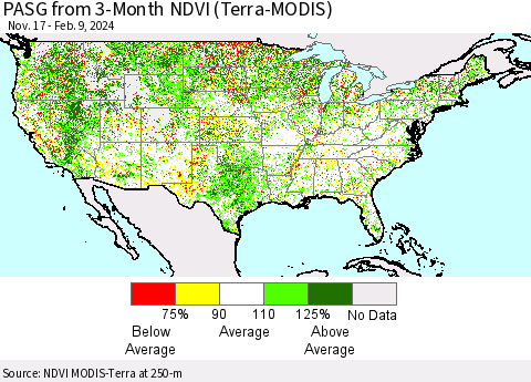 United States PASG from 3-Month NDVI (Terra-MODIS) Thematic Map For 2/2/2024 - 2/9/2024