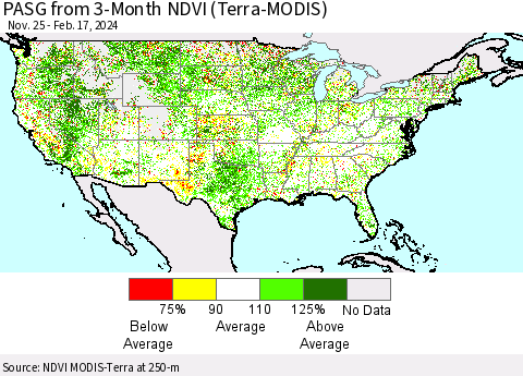 United States PASG from 3-Month NDVI (Terra-MODIS) Thematic Map For 2/10/2024 - 2/17/2024