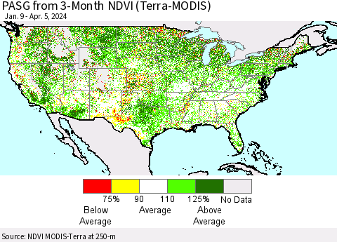 United States PASG from 3-Month NDVI (Terra-MODIS) Thematic Map For 3/29/2024 - 4/5/2024