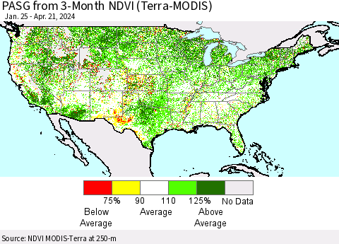 United States PASG from 3-Month NDVI (Terra-MODIS) Thematic Map For 4/14/2024 - 4/21/2024