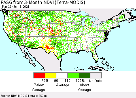 United States PASG from 3-Month NDVI (Terra-MODIS) Thematic Map For 6/1/2024 - 6/8/2024