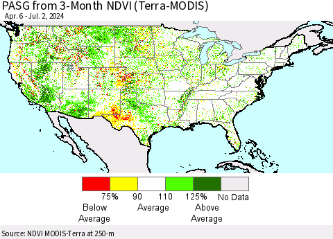 United States PASG from 3-Month NDVI (Terra-MODIS) Thematic Map For 6/25/2024 - 7/2/2024