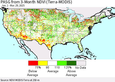 United States PASG from 3-Month NDVI (Terra-MODIS) Thematic Map For 3/22/2025 - 3/29/2025