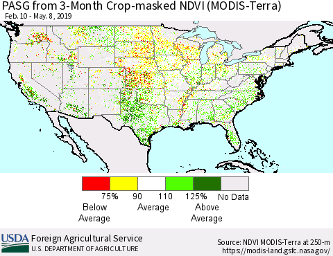 United States PASG from 3-Month Cropland NDVI (Terra-MODIS) Thematic Map For 5/1/2019 - 5/10/2019