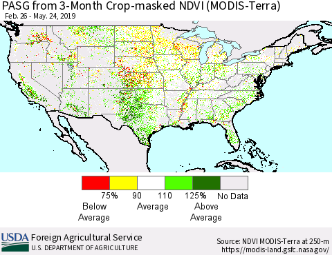 United States PASG from 3-Month Cropland NDVI (Terra-MODIS) Thematic Map For 5/21/2019 - 5/31/2019