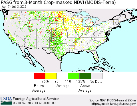United States PASG from 3-Month Cropland NDVI (Terra-MODIS) Thematic Map For 7/1/2019 - 7/10/2019