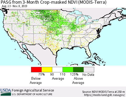 United States PASG from 3-Month Cropland NDVI (Terra-MODIS) Thematic Map For 11/1/2019 - 11/10/2019