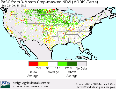 United States PASG from 3-Month Cropland NDVI (Terra-MODIS) Thematic Map For 12/11/2019 - 12/20/2019