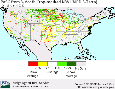 United States PASG from 3-Month Cropland NDVI (Terra-MODIS) Thematic Map For 1/1/2020 - 1/10/2020
