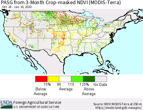 United States PASG from 3-Month Cropland NDVI (Terra-MODIS) Thematic Map For 1/11/2020 - 1/20/2020