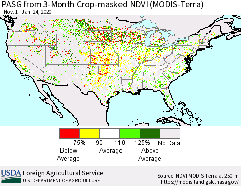 United States PASG from 3-Month Cropland NDVI (Terra-MODIS) Thematic Map For 1/21/2020 - 1/31/2020