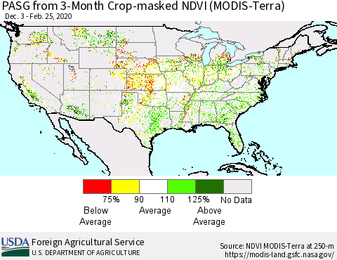 United States PASG from 3-Month Cropland NDVI (Terra-MODIS) Thematic Map For 2/21/2020 - 2/29/2020