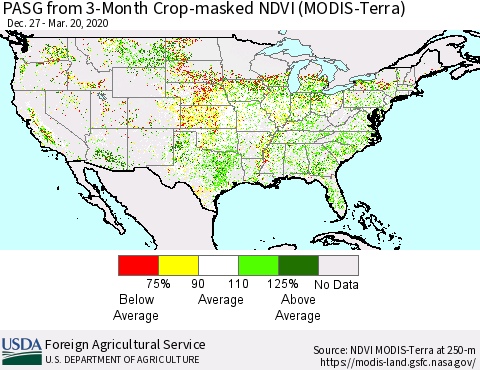 United States PASG from 3-Month Cropland NDVI (Terra-MODIS) Thematic Map For 3/11/2020 - 3/20/2020