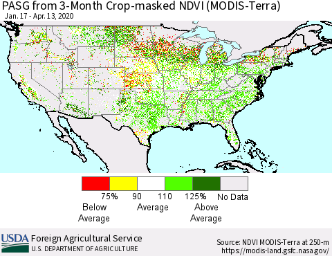 United States PASG from 3-Month Cropland NDVI (Terra-MODIS) Thematic Map For 4/11/2020 - 4/20/2020