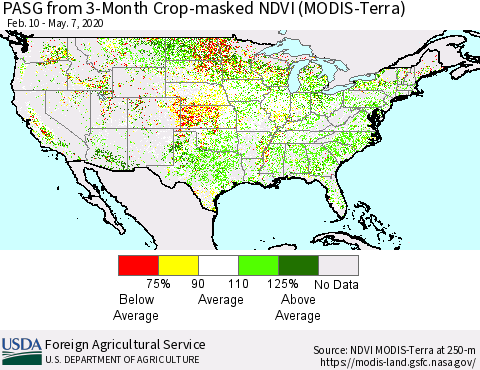 United States PASG from 3-Month Cropland NDVI (Terra-MODIS) Thematic Map For 5/1/2020 - 5/10/2020
