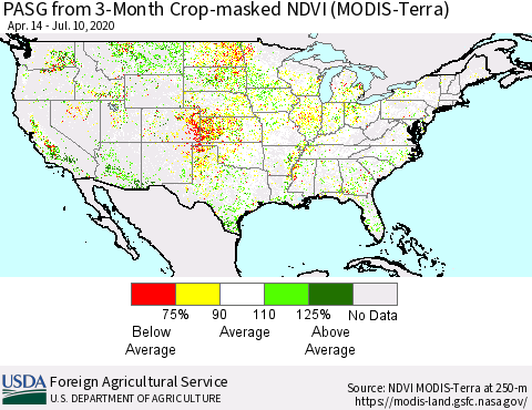 United States PASG from 3-Month Cropland NDVI (Terra-MODIS) Thematic Map For 7/1/2020 - 7/10/2020