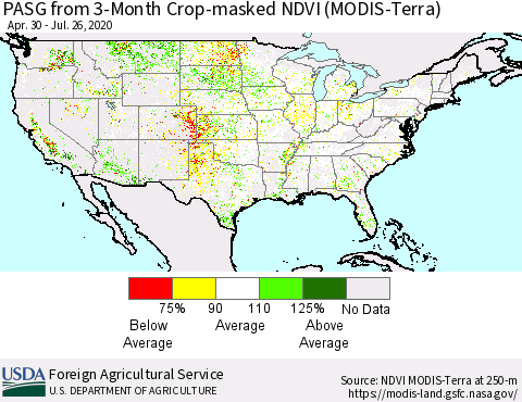 United States PASG from 3-Month Cropland NDVI (Terra-MODIS) Thematic Map For 7/21/2020 - 7/31/2020