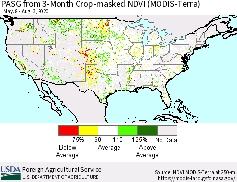 United States PASG from 3-Month Cropland NDVI (Terra-MODIS) Thematic Map For 8/1/2020 - 8/10/2020