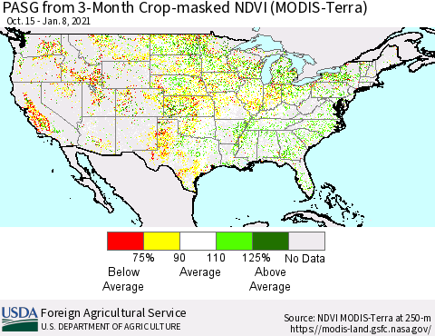 United States PASG from 3-Month Cropland NDVI (Terra-MODIS) Thematic Map For 1/1/2021 - 1/10/2021