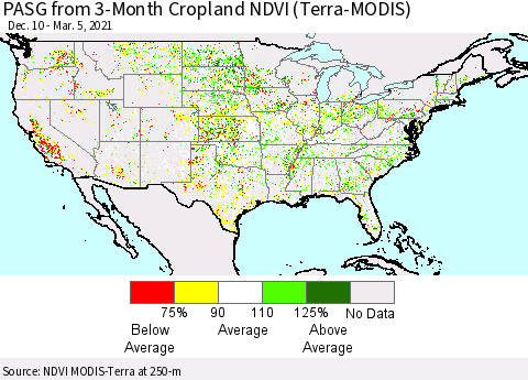United States PASG from 3-Month Cropland NDVI (Terra-MODIS) Thematic Map For 2/26/2021 - 3/5/2021