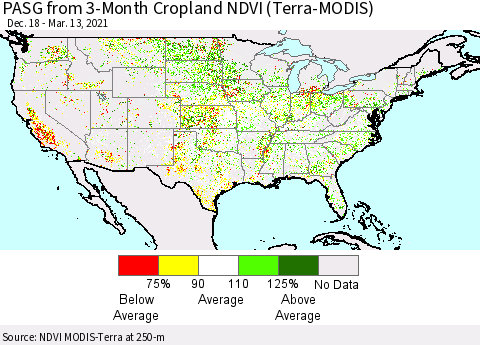 United States PASG from 3-Month Cropland NDVI (Terra-MODIS) Thematic Map For 3/6/2021 - 3/13/2021