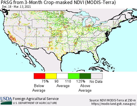 United States PASG from 3-Month Cropland NDVI (Terra-MODIS) Thematic Map For 3/11/2021 - 3/20/2021