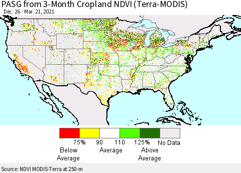United States PASG from 3-Month Cropland NDVI (Terra-MODIS) Thematic Map For 3/14/2021 - 3/21/2021