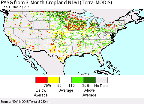 United States PASG from 3-Month Cropland NDVI (Terra-MODIS) Thematic Map For 3/22/2021 - 3/29/2021