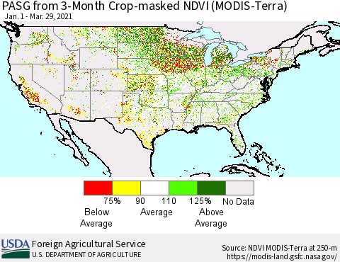 United States PASG from 3-Month Crop-masked NDVI (MODIS-Terra) Thematic Map For 3/21/2021 - 3/31/2021