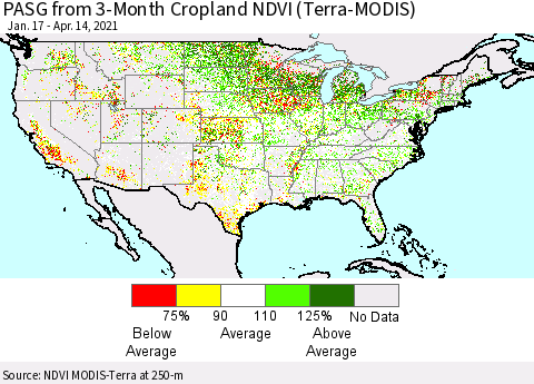 United States PASG from 3-Month Cropland NDVI (Terra-MODIS) Thematic Map For 4/7/2021 - 4/14/2021