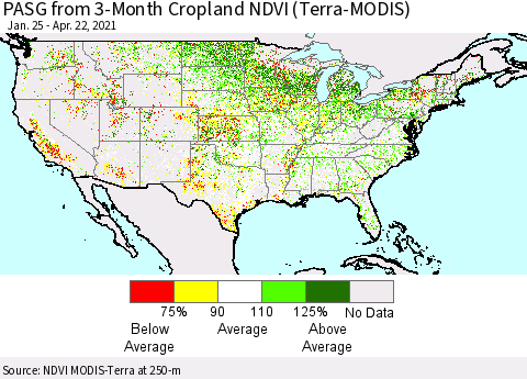 United States PASG from 3-Month Cropland NDVI (Terra-MODIS) Thematic Map For 4/15/2021 - 4/22/2021