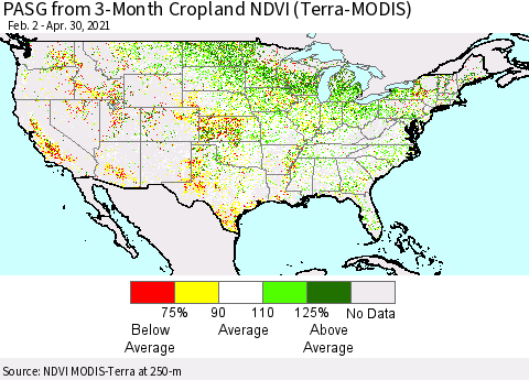 United States PASG from 3-Month Cropland NDVI (Terra-MODIS) Thematic Map For 4/23/2021 - 4/30/2021