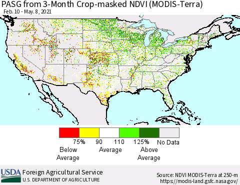 United States PASG from 3-Month Crop-masked NDVI (MODIS-Terra) Thematic Map For 5/1/2021 - 5/10/2021