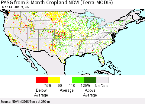 United States PASG from 3-Month Cropland NDVI (Terra-MODIS) Thematic Map For 6/2/2021 - 6/9/2021