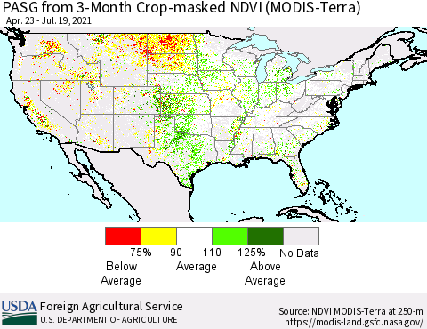 United States PASG from 3-Month Cropland NDVI (Terra-MODIS) Thematic Map For 7/11/2021 - 7/20/2021