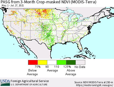 United States PASG from 3-Month Cropland NDVI (Terra-MODIS) Thematic Map For 7/21/2021 - 7/31/2021