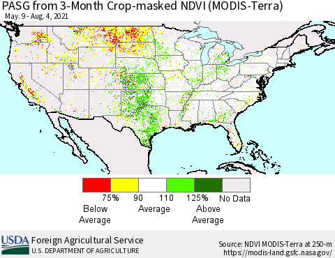 United States PASG from 3-Month Cropland NDVI (Terra-MODIS) Thematic Map For 8/1/2021 - 8/10/2021